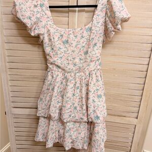 Floral Tiered Mini Dress - Pink/Green